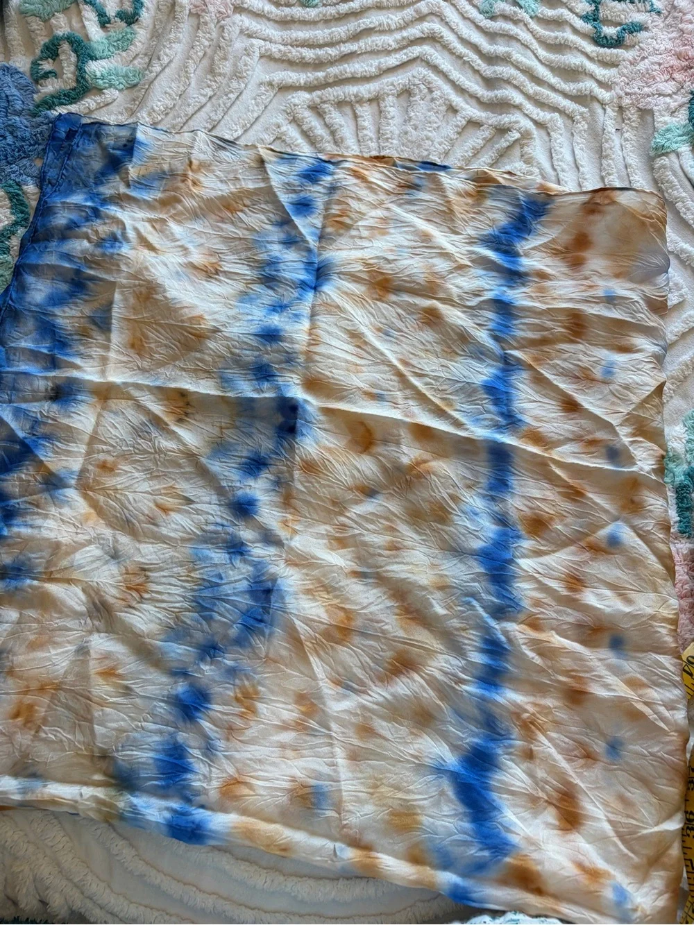 Tie-Dye Blue and Brown Silk Scarf Shawl